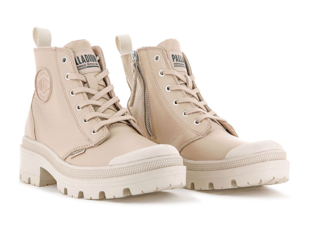 Beige Women Palladium Pallabase Leather Boots | DCTFJZ-268